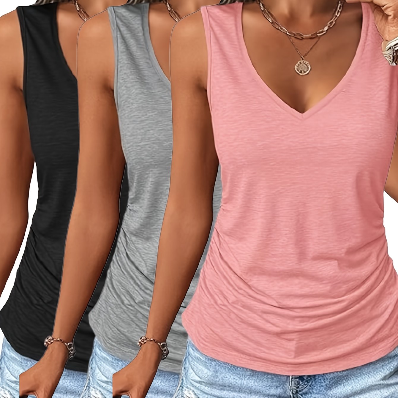 Three-piece Set 2025 Spring/summer European And Women's Clothing Pleated V-neck Slim Fit Casual Sleeveless Vest
