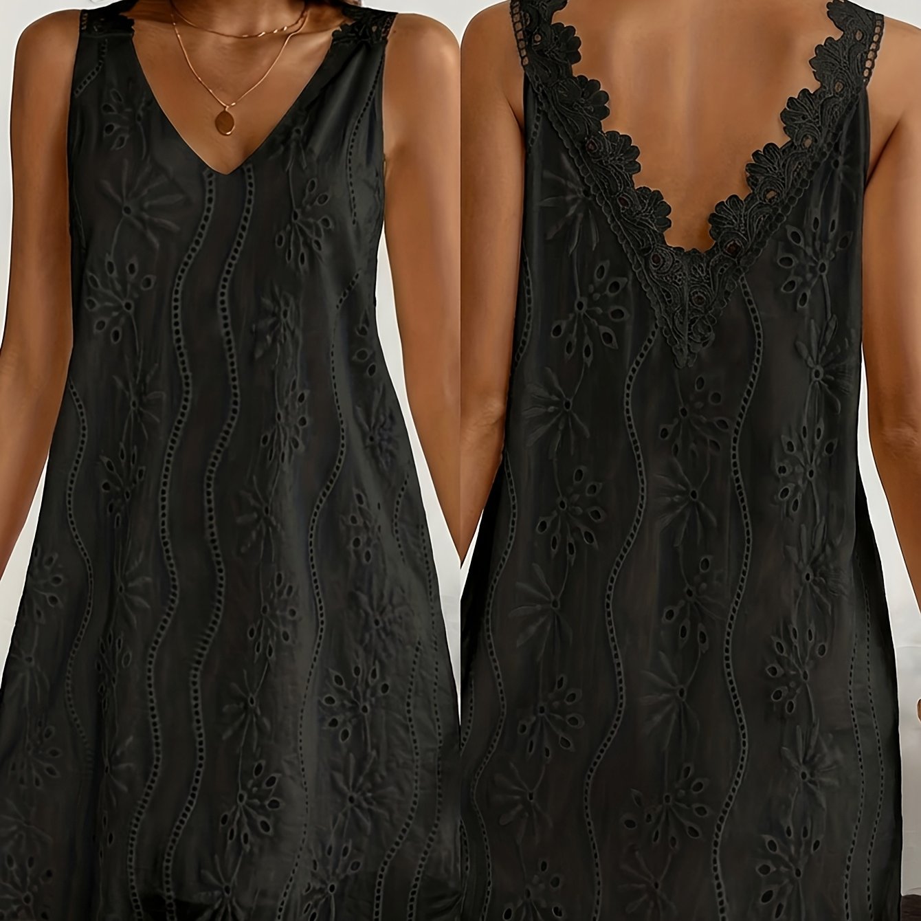 Image of Women's V-neck Sleeveless Embroidered Dress With Open-back Lace Design, Vacation-style Loose-fitting Short Skirt