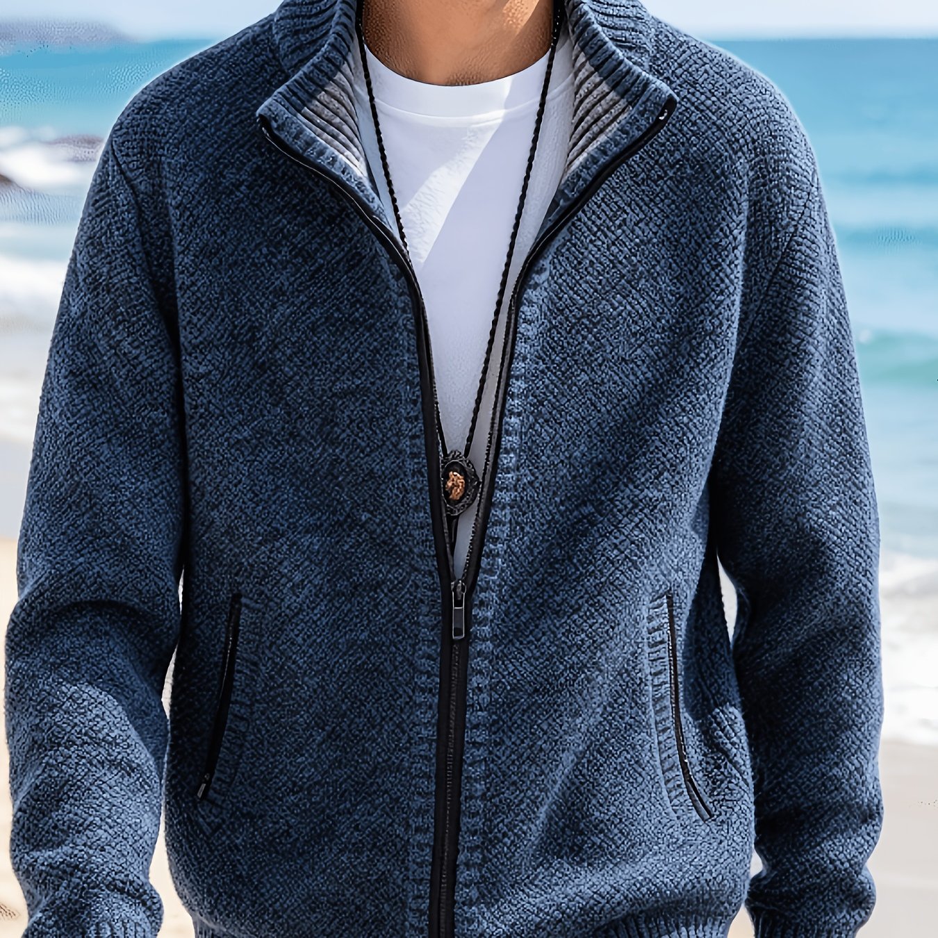 TEMU Cardigan tricoté à col et fermeture éclair pour homme, veste pull épaisse décontractée d'automne et d'hiver avec poches, haut (uniquement un
