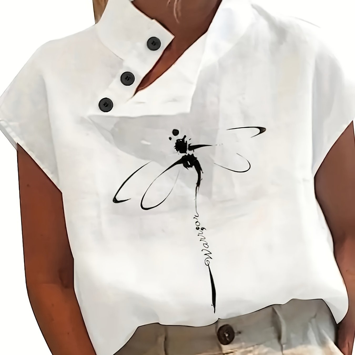 TEMU Dragonfly Print Skew Button Blouse, Elegant Short Sleeve Top For Spring & Summer, Women's Clothing