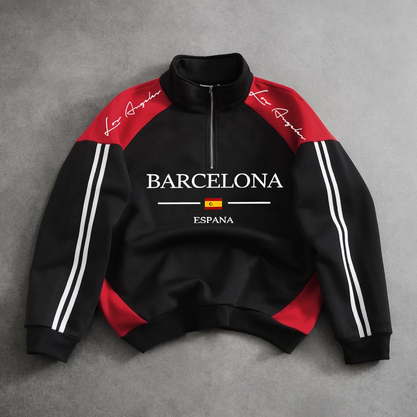 TEMU Versatile Men's Half-, Barcelona Text Shoulder Signature Print Double Stripe Sweatshirt