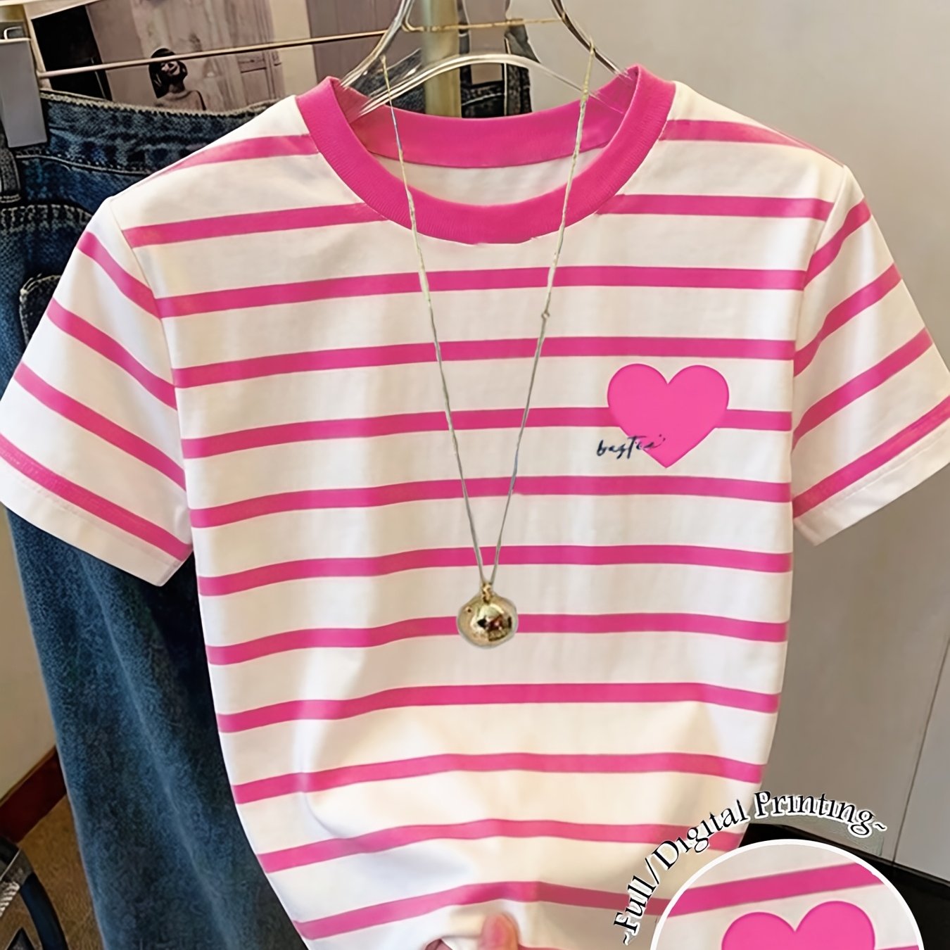 E-shop Mädchen Frühlings- und Sommerkleidung, Kurzarm mit Herzdruck, Lässiges T-Shirt mit Rundhalsausschnitt für Mädchen, Schnelltrocknend, Mädchen