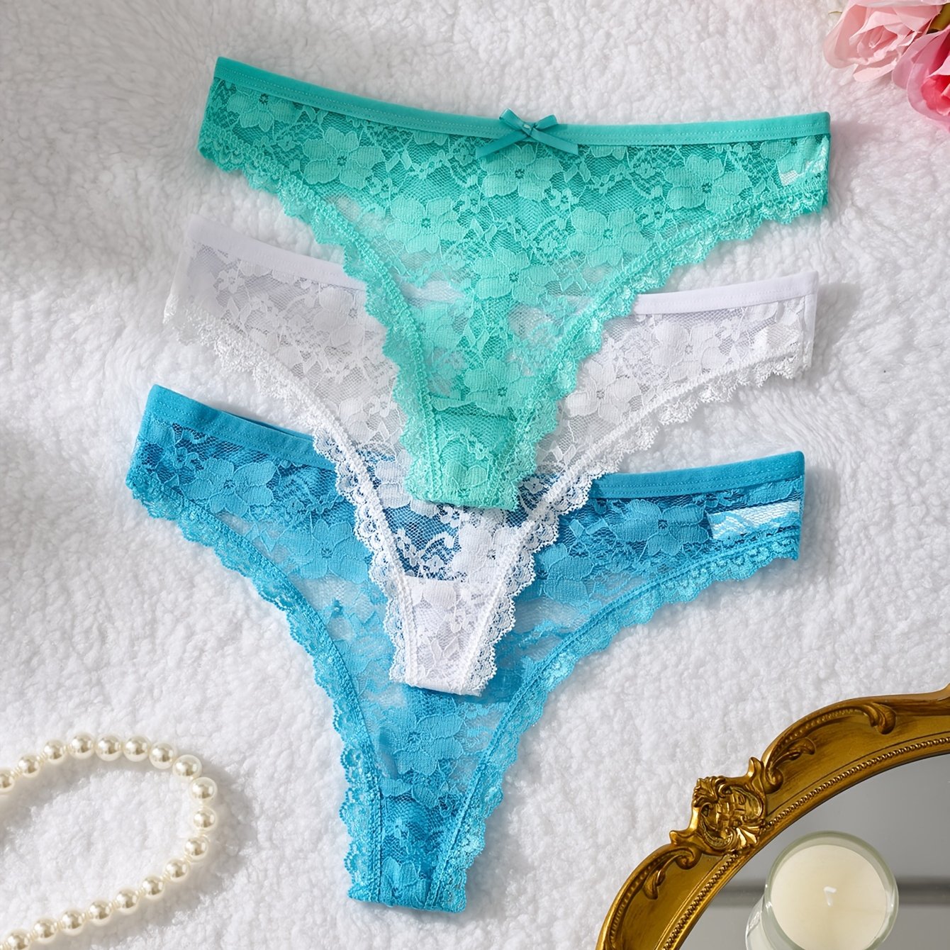 TEMU 3pcs Set Of Women's Lace Thongs, Sexy And Hot, Soft Comfortable Breathable, Floral Print, Bow Belt, Fashionable Easy, Skin-friendly High-elastic