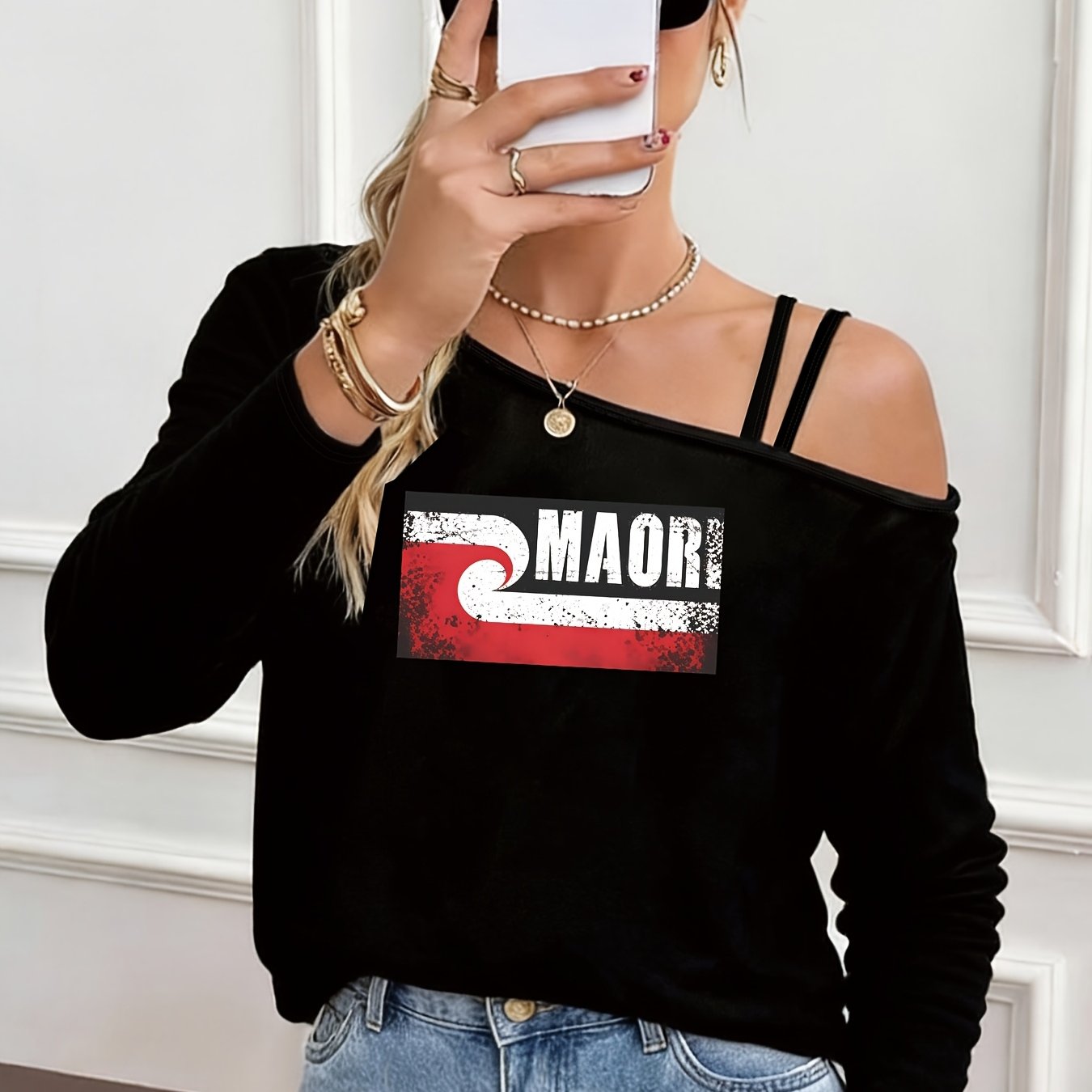 TEMU A Women's Long-sleeve Off-shoulder Top For Spring And Autumn Featuring A Maori Wave Pattern Print, Suitable For Festivals, Parties, Travel, And