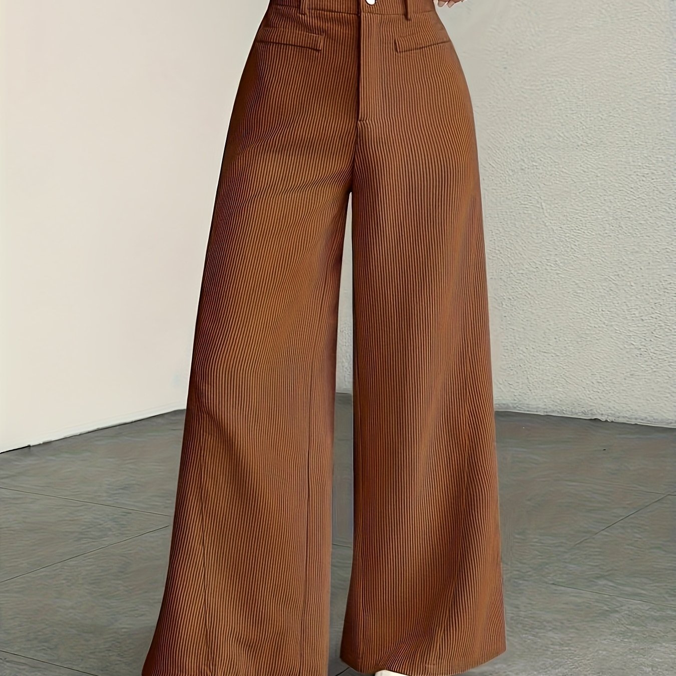 TEMU Women's High-waisted Wide-leg Corduroy Pants - Straight Leg Trousers With Corduroy Texture & Striped Suitable For Wear, Machine Washable
