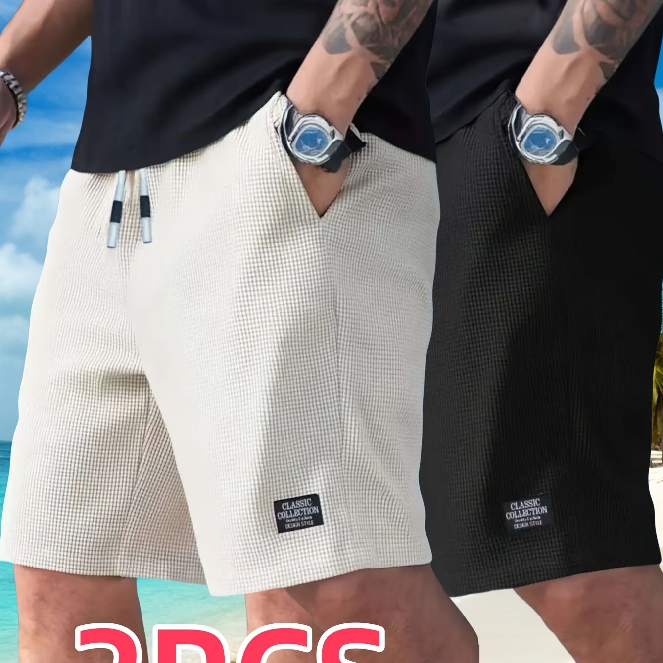 Image of 2-pc, Men's Textured Casual Shorts, Drawstring Waistband, Lightweight Fabric, Casual Wear, Beach Or Outdoor Activities Pocket, | Drawstring Waist Shorts | Lightweight Shorts