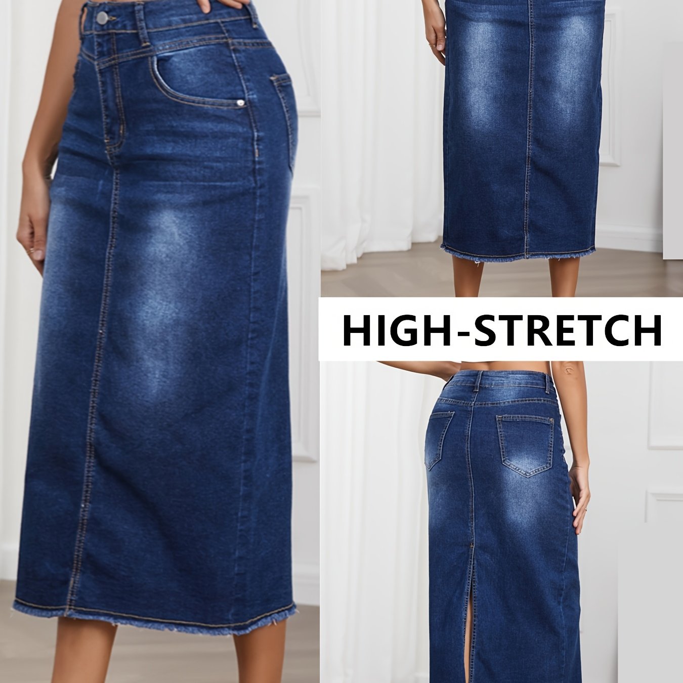 1pc Women's Fashion Slit Frayed Dark Blue Stretch Denim Skirt, Distressed Texture, Wear, Casual/, Xs-xxl