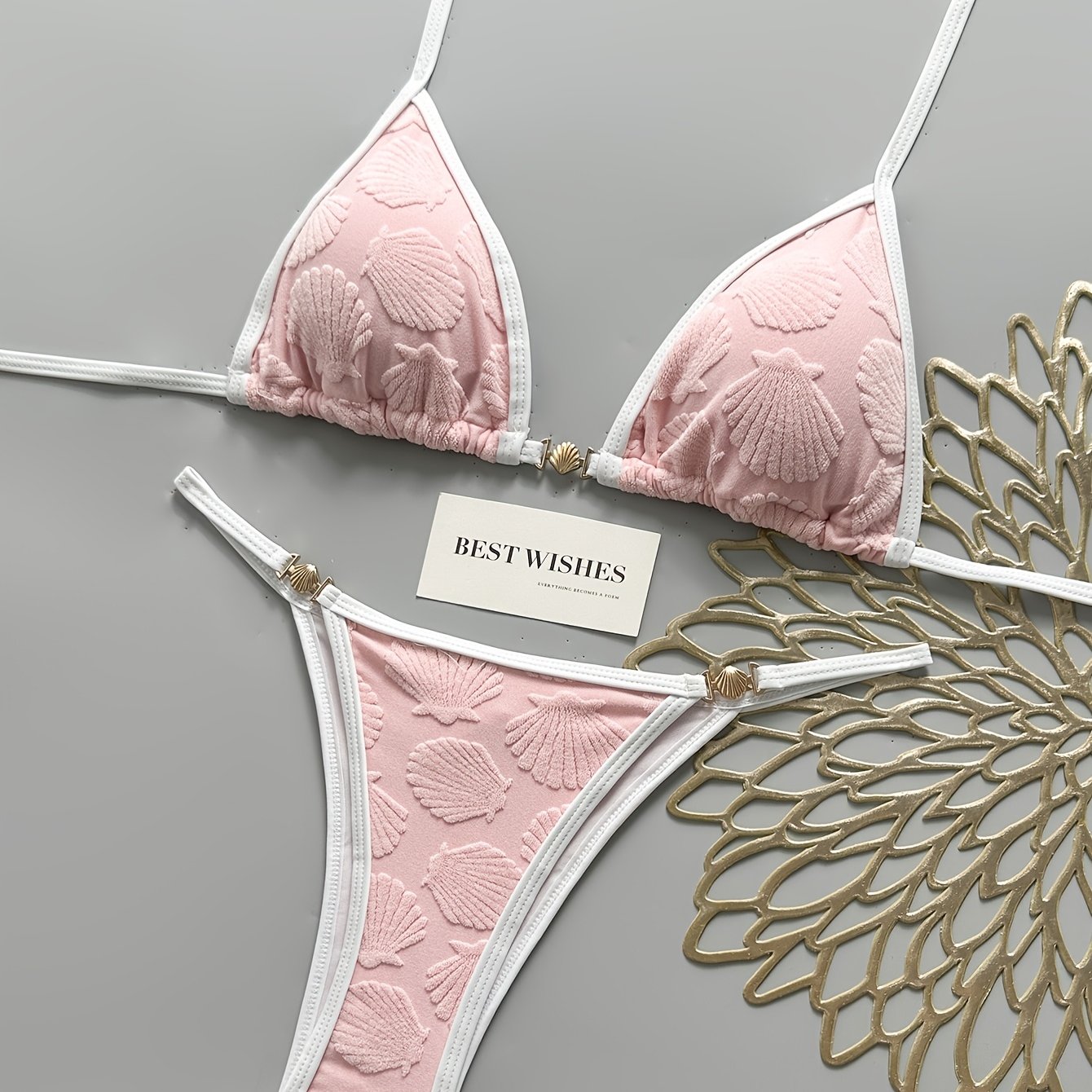 TEMU Conjunto de Bikini Coquette Estilo Vacaciones Bloques de Color con Relieve de Concha, Halter y con Cierres Metálicos - Traje de Baño de 2 Piezas