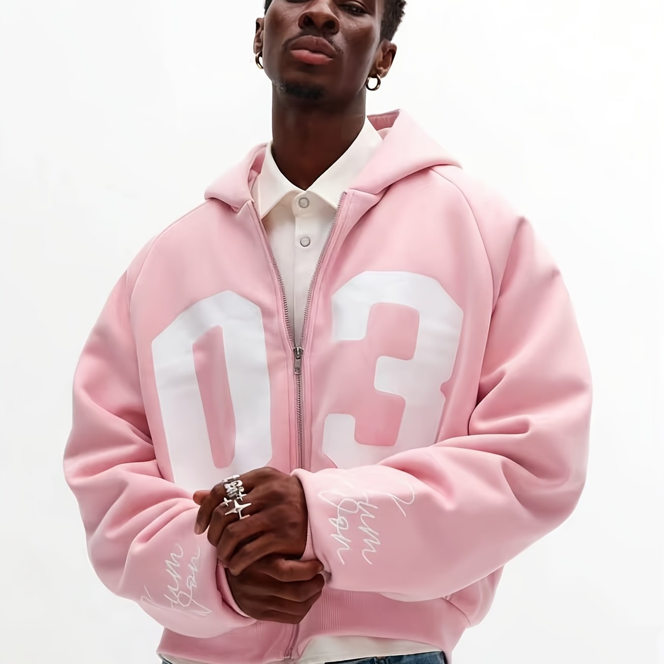 TEMU Veste à capuche zippée oversize rose pour homme avec imprimé numérique 03 et numérotée - Sweatshirt streetwear à manches raglan , hoodie adapté
