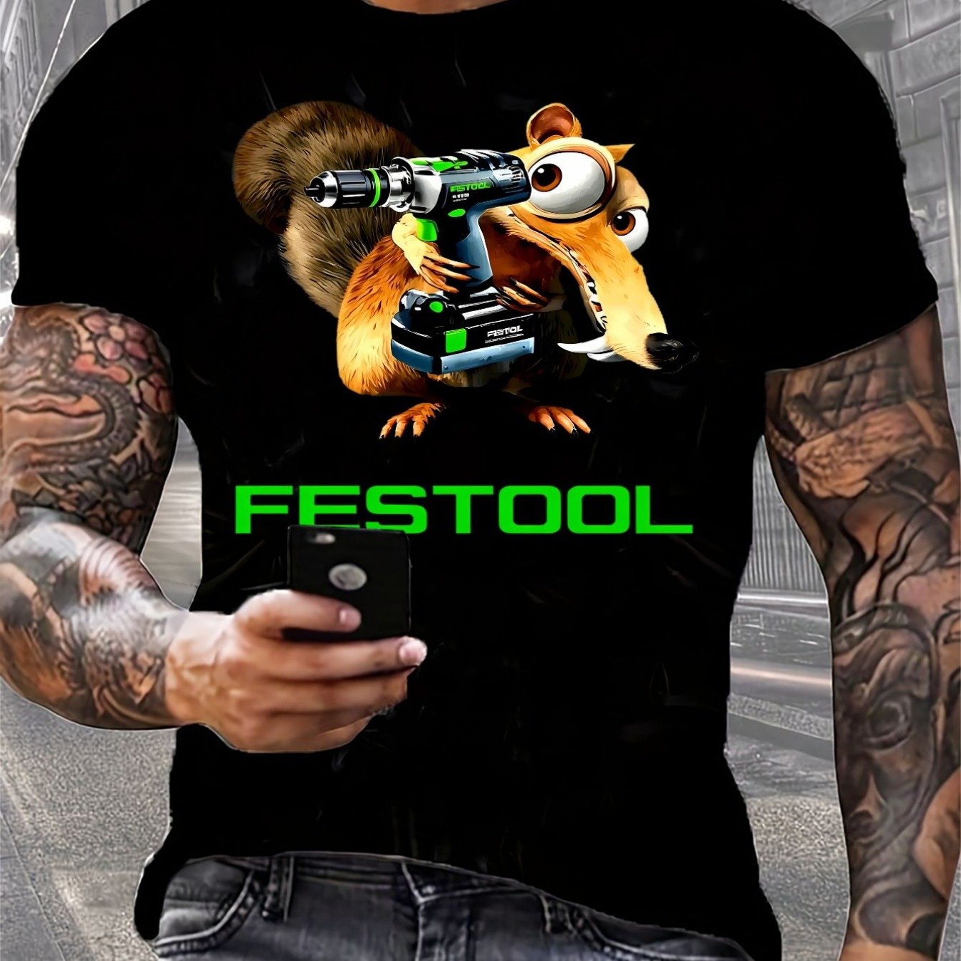 Festool Men's & Squirrel Construction Worker T-shirt - Tool-themed Crewneck Shirt With Festool Logo, Machine Washable Apparel Suitable For Contractors, & Casual Wear, For And Everyday Use