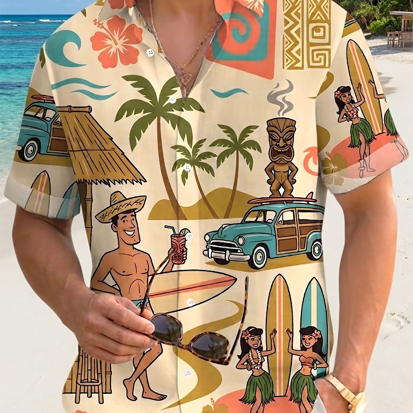 TEMU Father's Day Gift For Dad, Hawaiian Vacation Print Men's Button-up Short Sleeve Shirt, Men's Short Sleeve Western Style Shirt, Men's Hawaiian