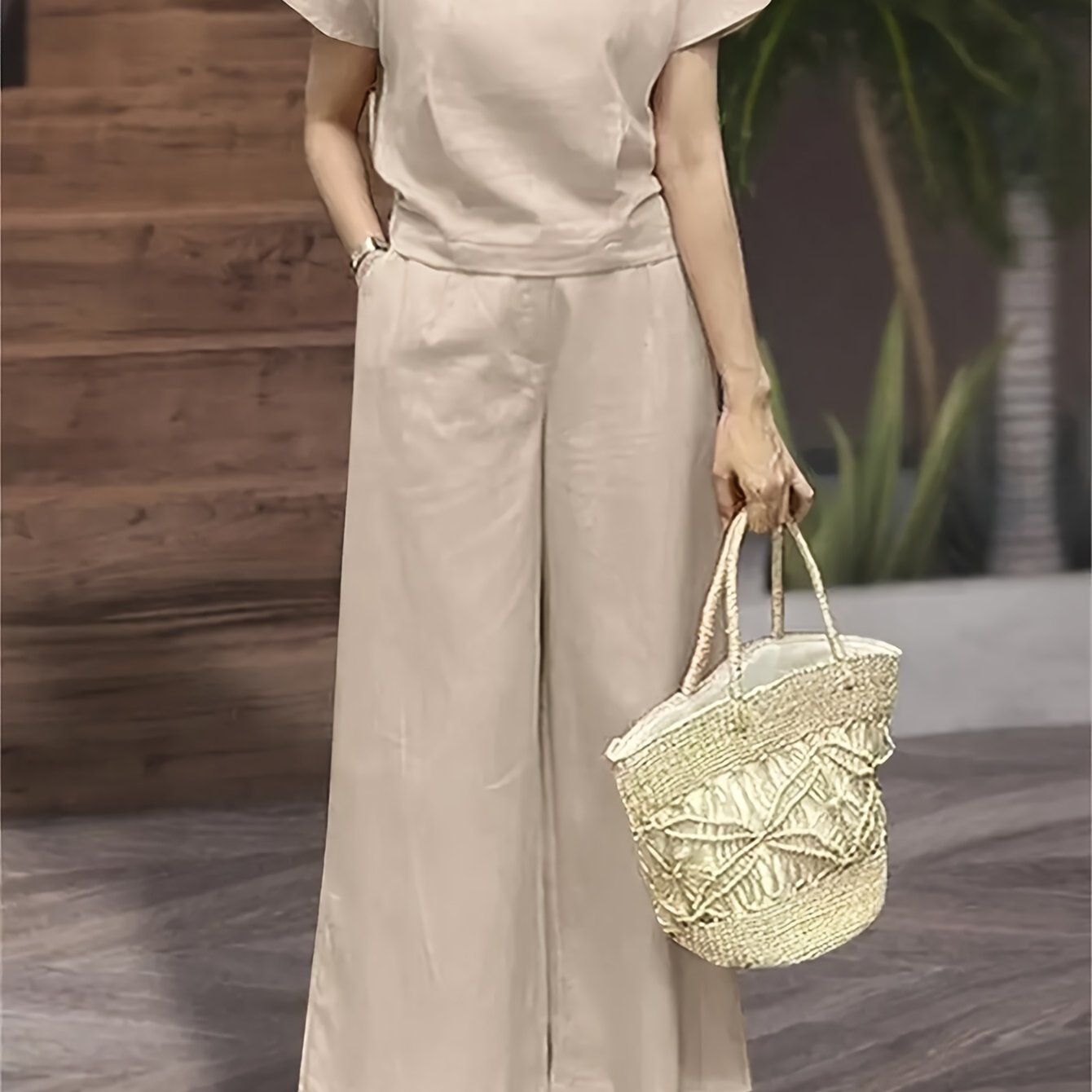 TEMU Conjunto de Top Elegante de Manga Corta de Color Sólido para Mujer y Pantalones Anchos - Ropa Perfectamente con Bolsillos, Cuello , Estilo