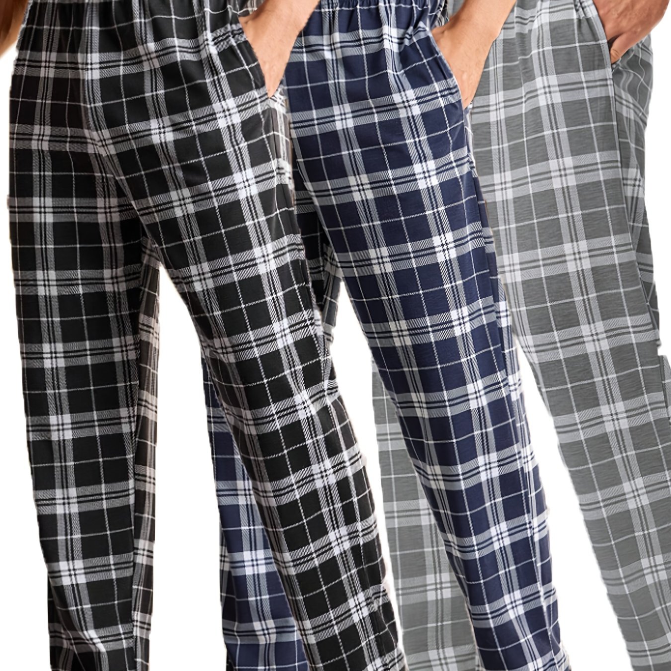 TEMU 3pcs Men's Plaid Pajama Pants - Casual & Stylish Loungewear, Non-stretch Fabric, Regular Fit, /blue/gray/beige Checkered Pattern, Perfect For