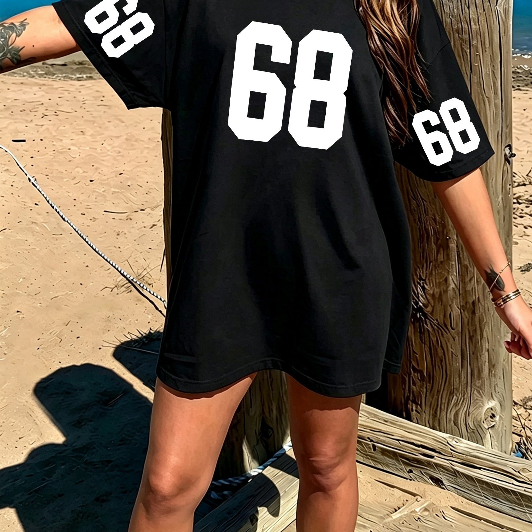 TEMU Ladies Plus Size Leisure Sports Digital "68 Printed T-shirt, Loose Version, Machine Washable, Ladies Summer Casual Loose Street Top