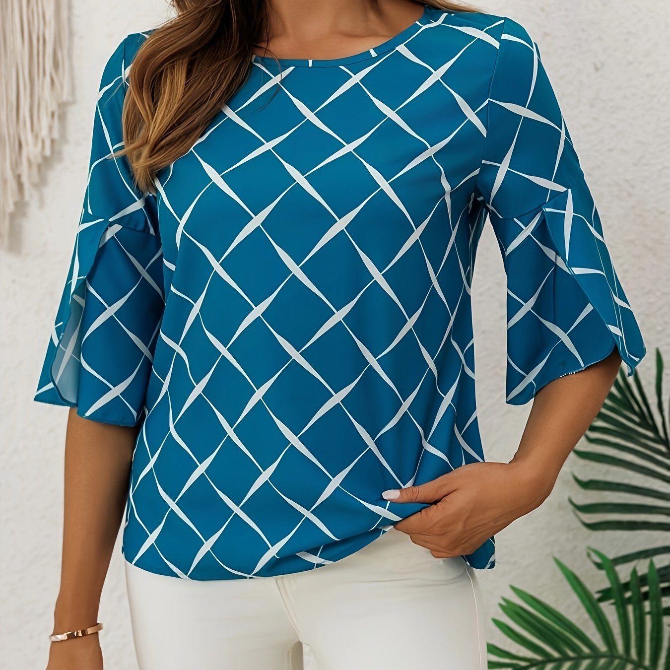 TEMU Pattern Crew Neck Blouse, Casual Half Sleeve Blouse For , Women's Clothing