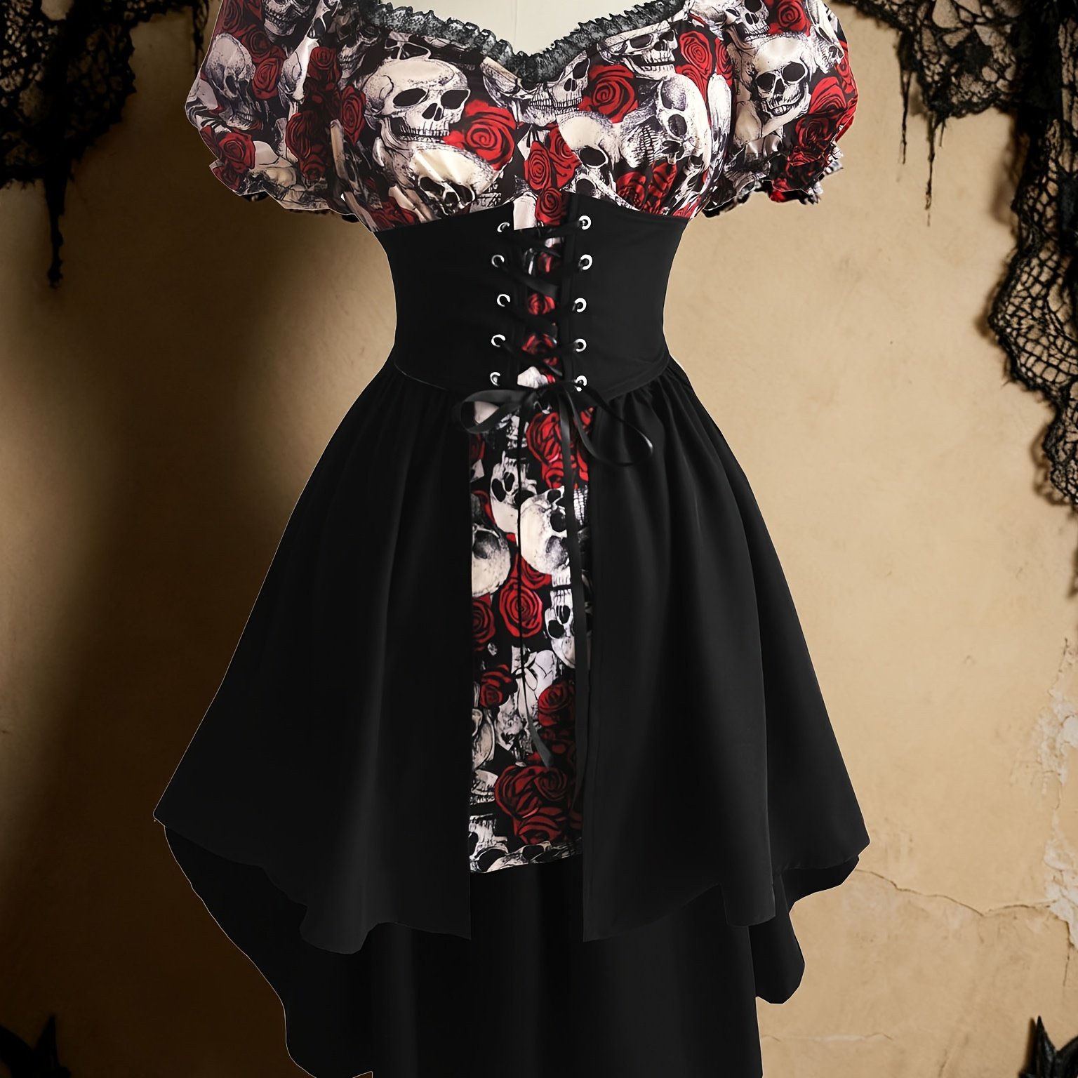 TEMU Halloween Skull Rose Print Two-piece Women's Dress, Dark Outfit Printed Dress, Lace With Elastic Neckline, Skirt, Layered Hem, Suitable For