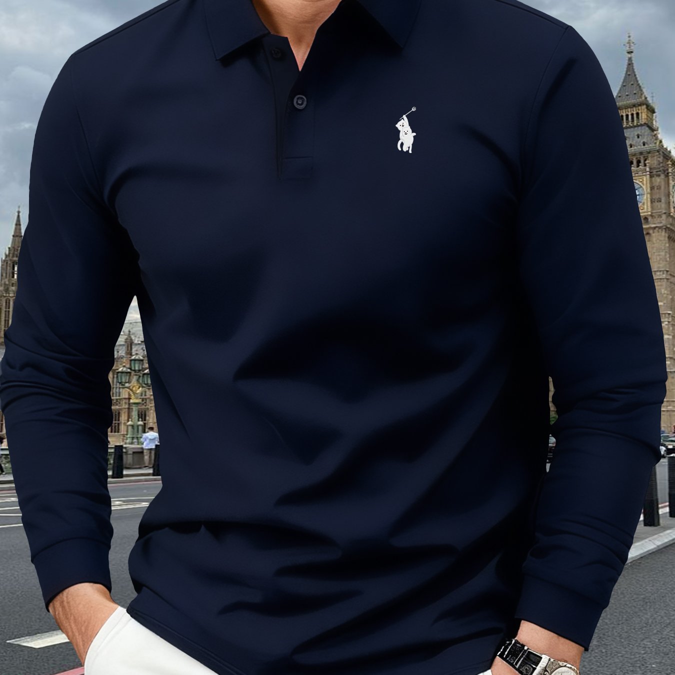Teddy Bear Pattern Men's Outdoor Golf, Equestrian Casual Shirt, Mature Men's Business Casual , Breathable And Comfortable, Suitable For Spring And Summer, Wearable As Inner Or Outer Wear
