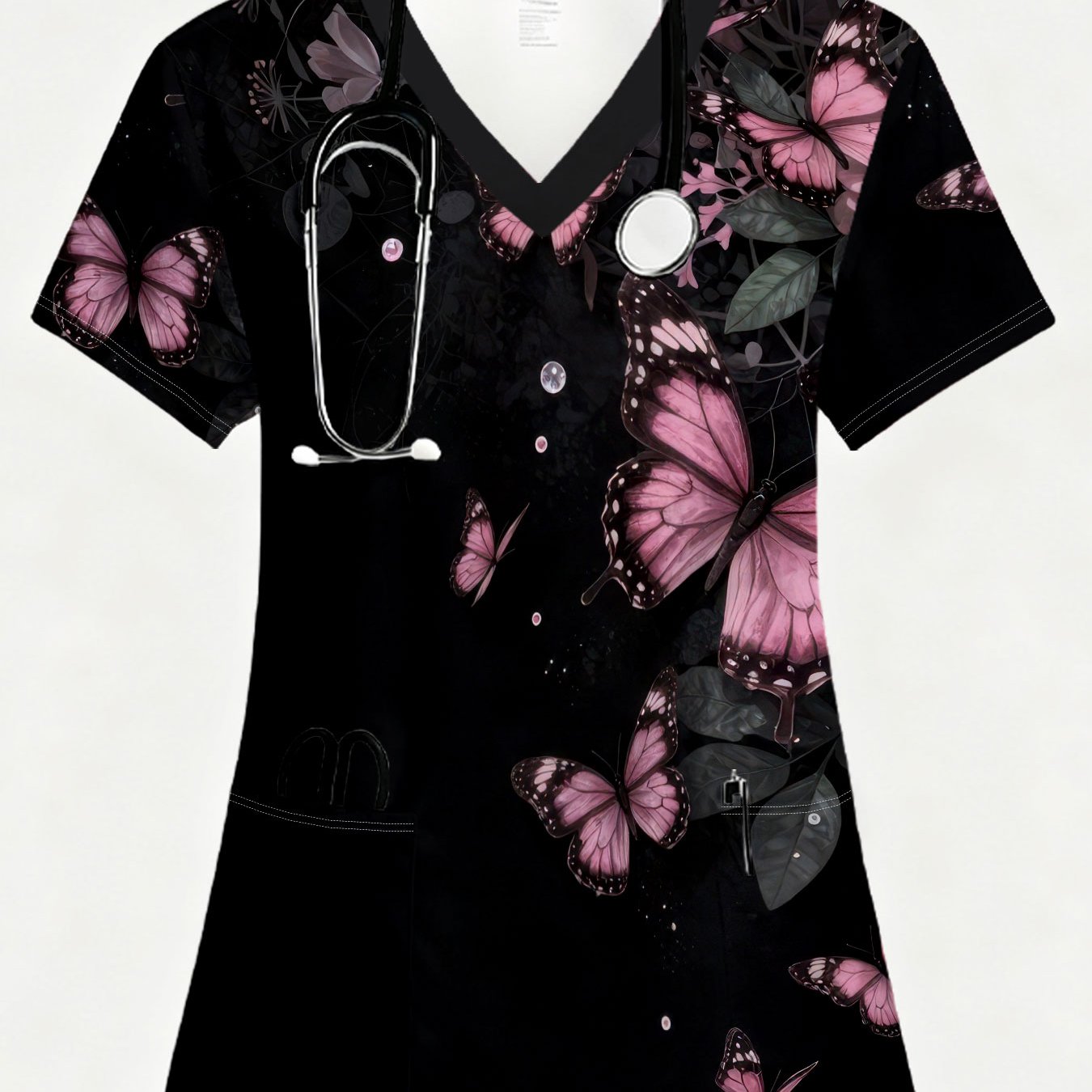 TEMU A Lady Nurse Uniform With Printing, , 2 Pockets, V-neck, Featuring Pink Butterflies And Flowers On A Black Background Nurse Work Top Female