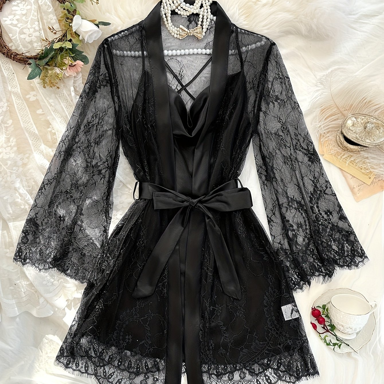 TEMU Women's Four-season Splicing Nightgown Set, 2pcs