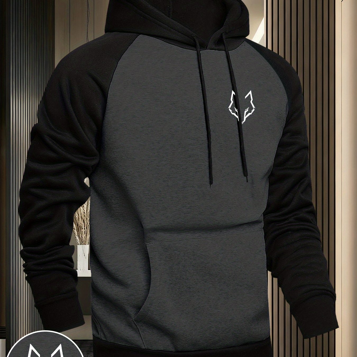 E-shop Herren Kapuzenpullover mit Wolfskopf-Muster, Casual Vielseitige Mode , Kapuzenpullover mit Raglanärmeln, Zweifarbiger Raglan-Ärmel Modepullover