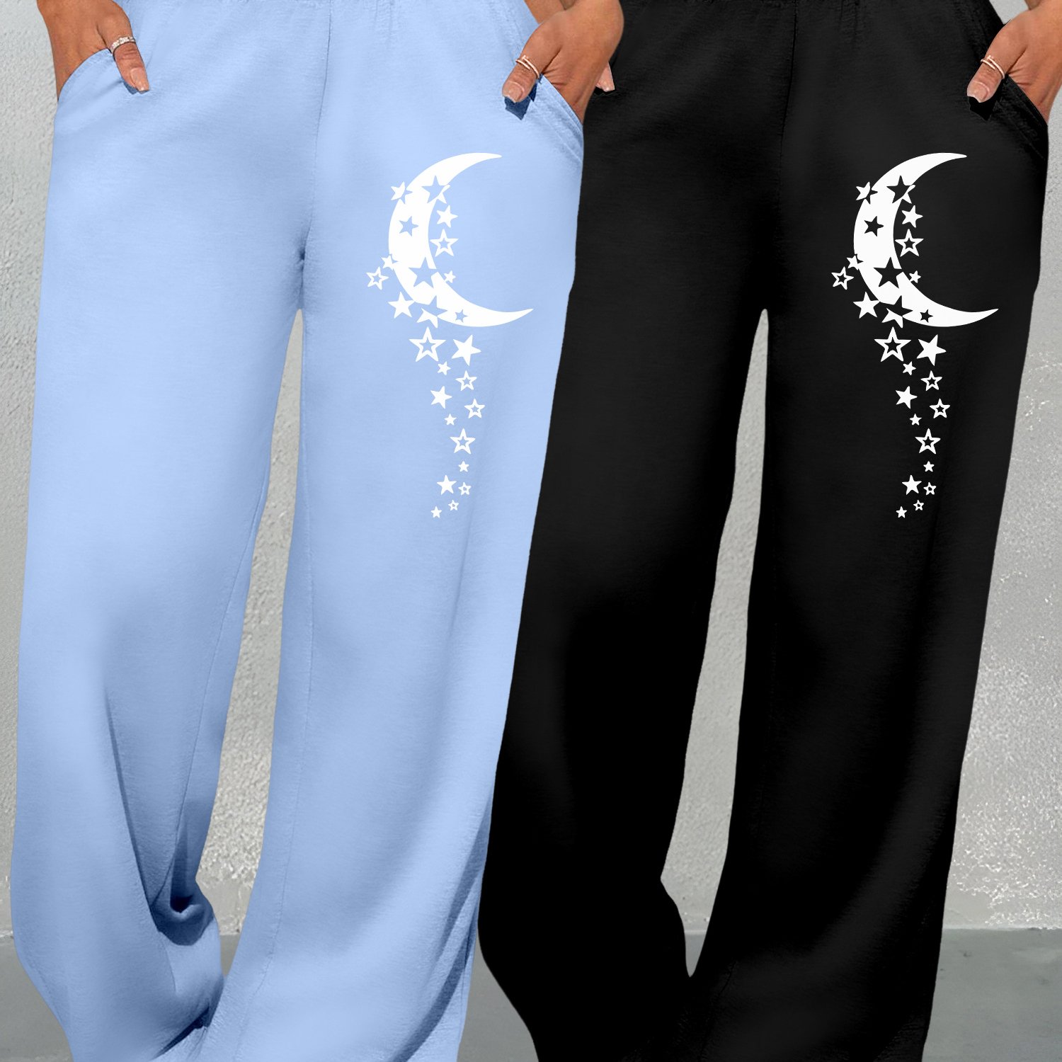 TEMU Pack Of 2 Women's Casual Polyester Knit Pants, High Waist Straight Sweatpants, Fit Trousers With Geometric Moon Pattern