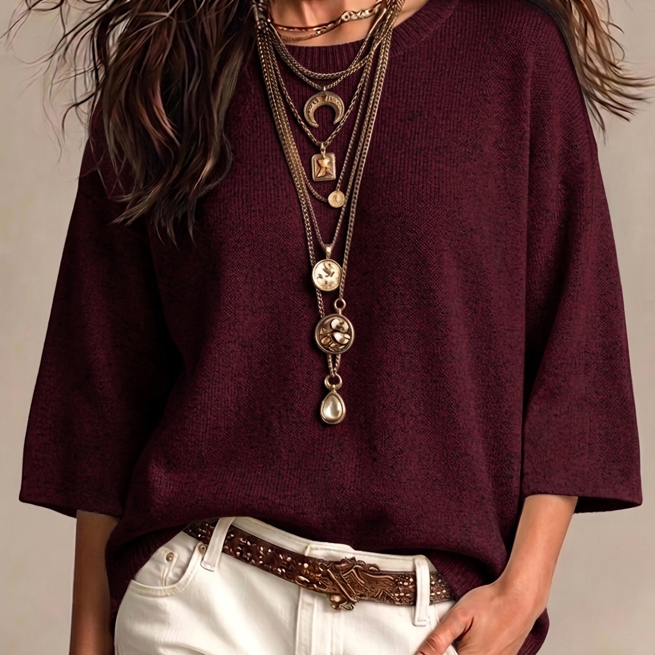 TEMU Pull décontracté ample à col rond et manches 3/4 évasées, nouveau pull automne/hiver pour femmes, idéal pour , concerts et événements sociaux