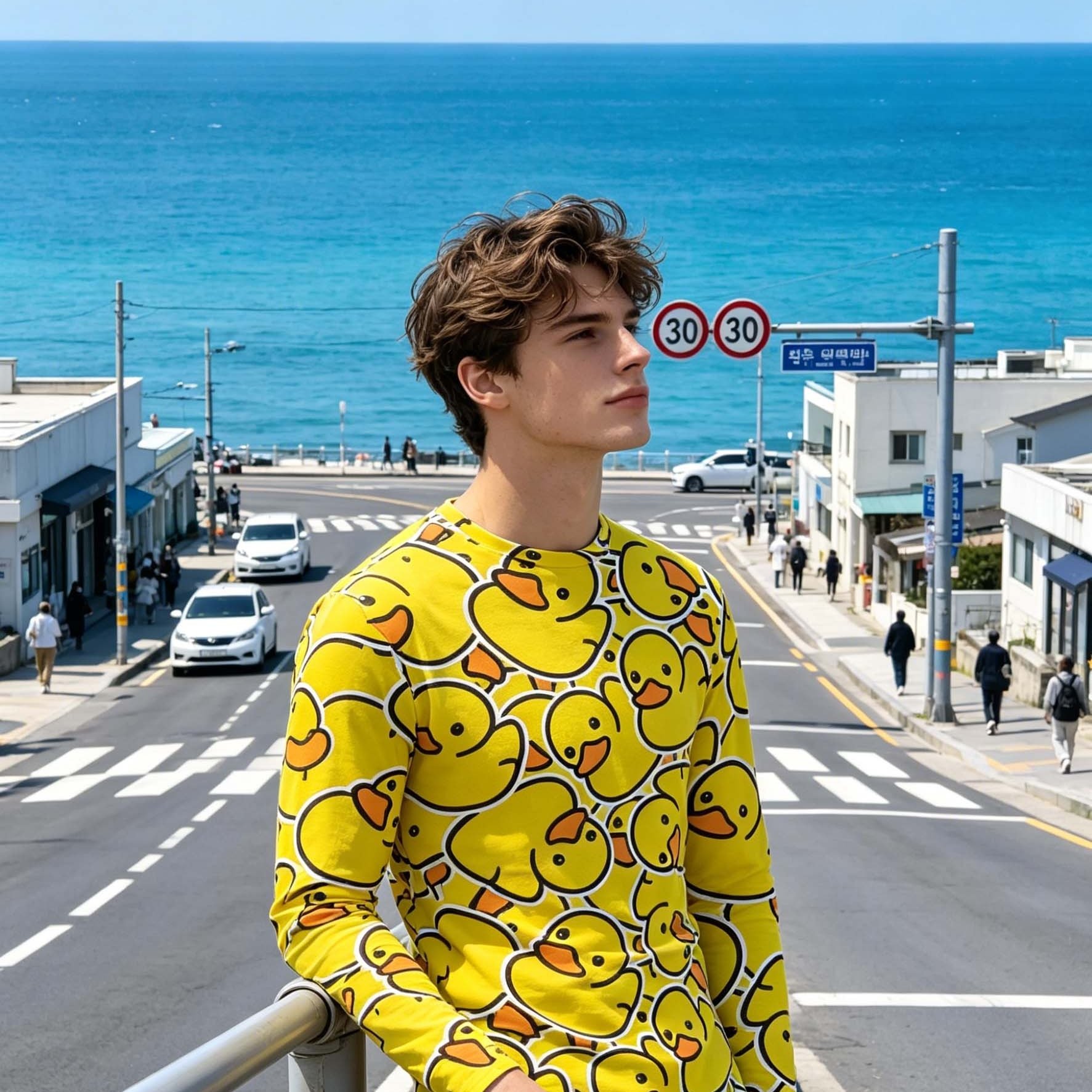 TEMU Men's Plus Size Long Sleeve Shirts With Yellow Print - Cute Round Neck Blouse Suitable For Casual & Casual Attire, Machine Washable Comfortable
