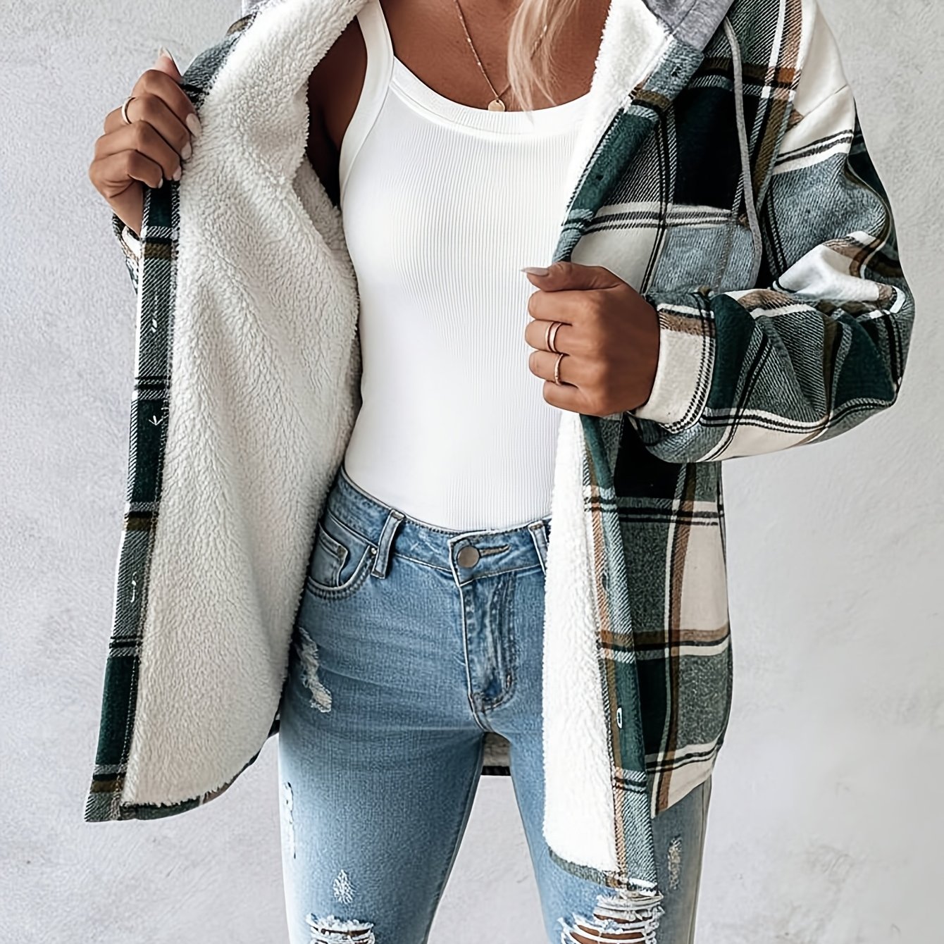 E-shop Damen Herbst/Winter verdickte karierte modische sportliche Oberbekleidungsjacke mit Kapuze