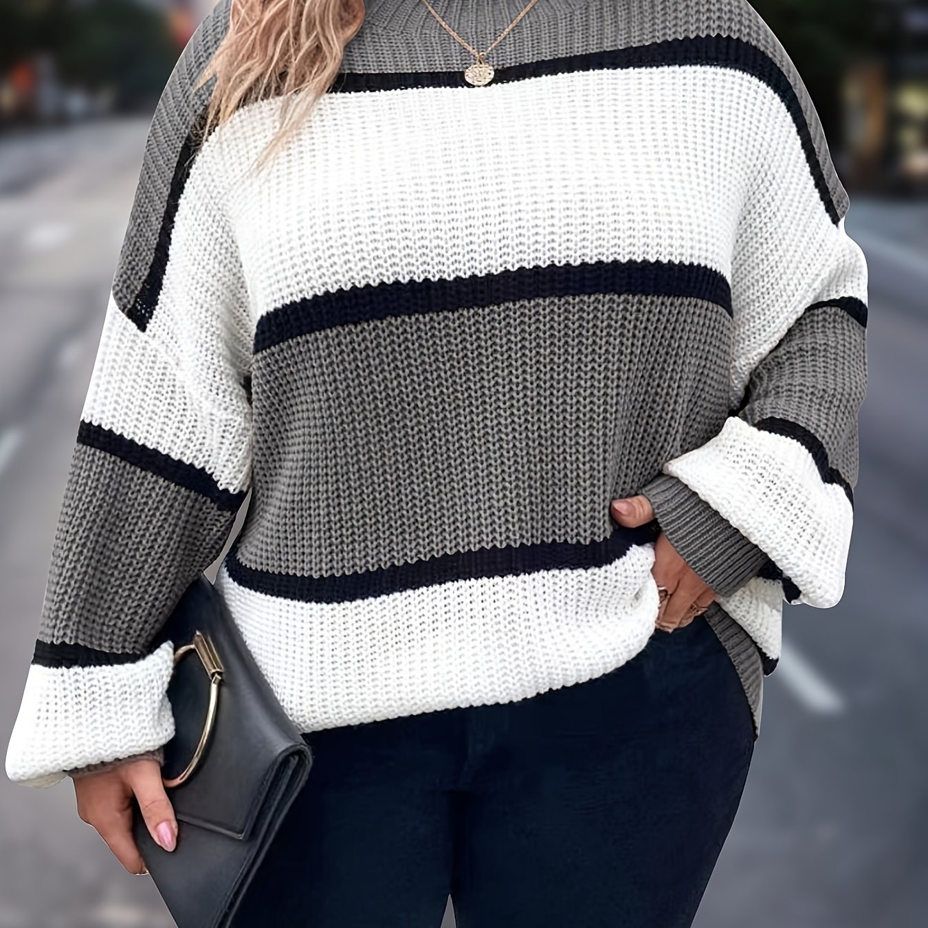 E-shop Plus Size, Herbst/Winter Neuer Streifenpullover für Damen, Color-Block Lazy Style, Rundhals Langarm Top