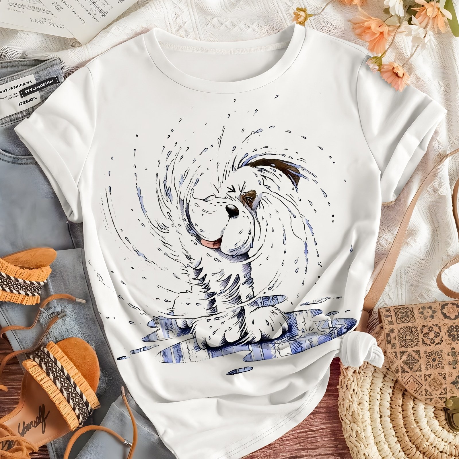 TEMU Camiseta de manga corta para mujer con estampado moderno y divertido de cachorro salpicando agua, Top de manga corta para mujer, Regalo, Top