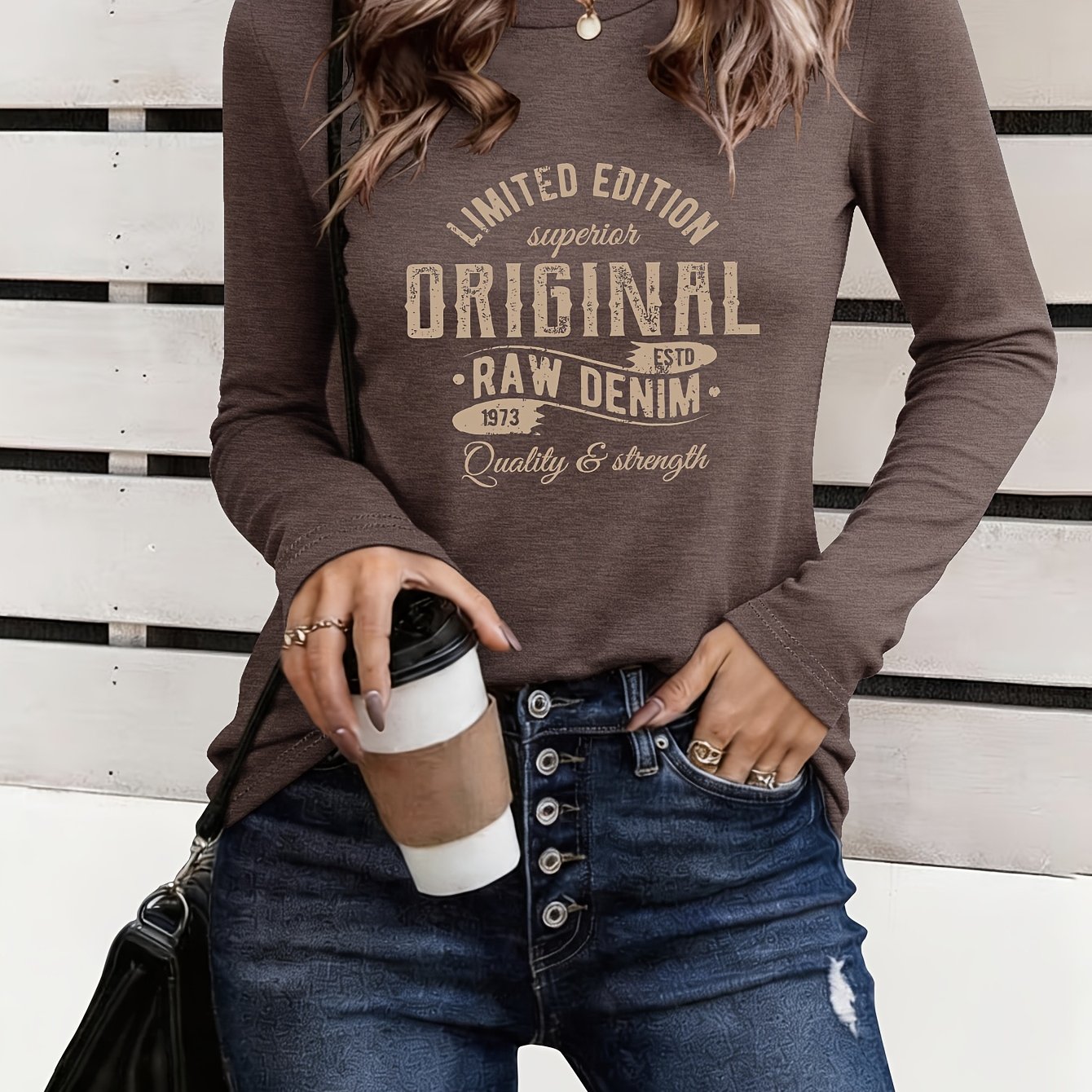 TEMU Autumn Women's Casual Crew Neck Long Sleeve T-shirt With " Edition Denim" Text_9324
