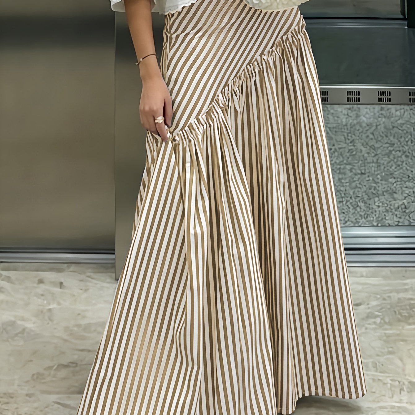 TEMU French Retro Striped Irregular Ruched High-waist A-line Midi Skirt, Niche Design Daily Commute French Temperament Versatile Casual Long Skirt