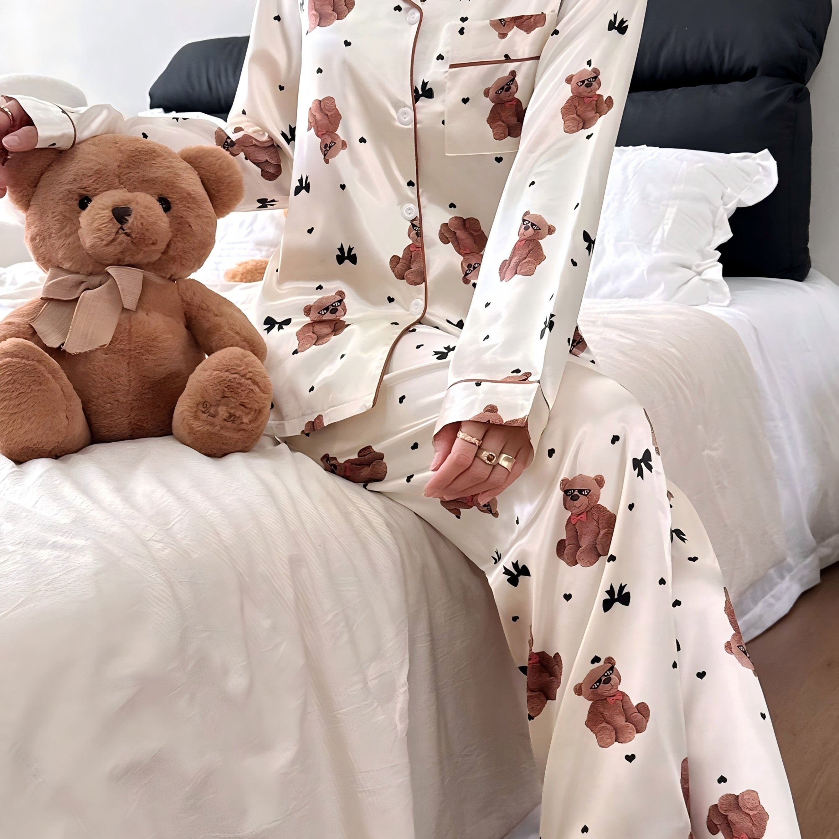 TEMU 【商品名】レディース アプベース リボン柄 フェイクカラー トップス & パンツ パジャマ セット レディース 寝間着 秋 冬 服