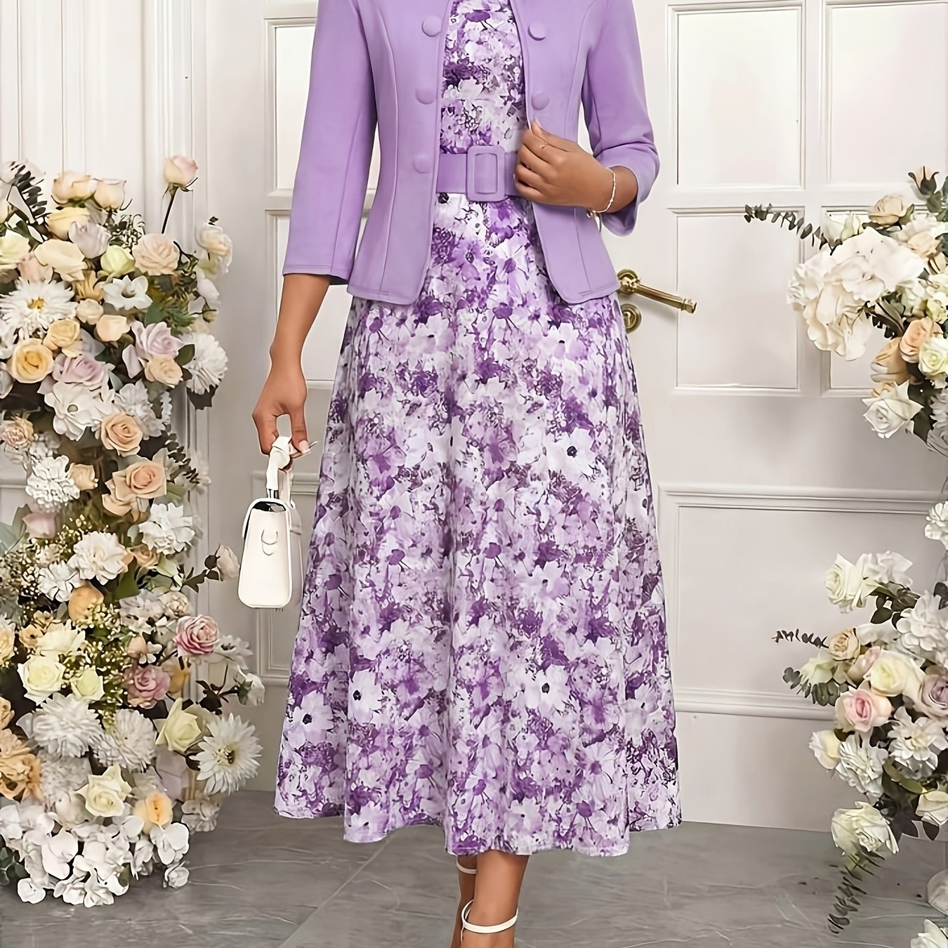 TEMU Women's Elegant Two-piece Set Of Solid Color Jacket And Long Purple Dress, Suitable For