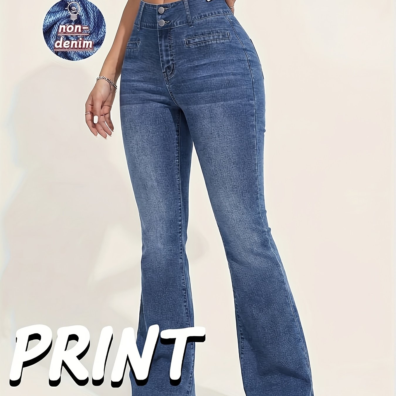 TEMU Pantalon évasé micro imprimé non denim pour femmes, taille haute et haute élasticité, coupe fesses relevées pour montrer et augmenter la taille,