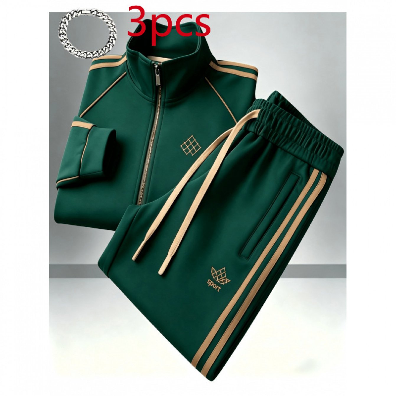 Image of Men's Lapel Sports Casual Set, New Arrival Men's All-match Long-sleeve Jacket& Pants 3pcs Set For Spring, Summer& Daily Complimentary Bracelet