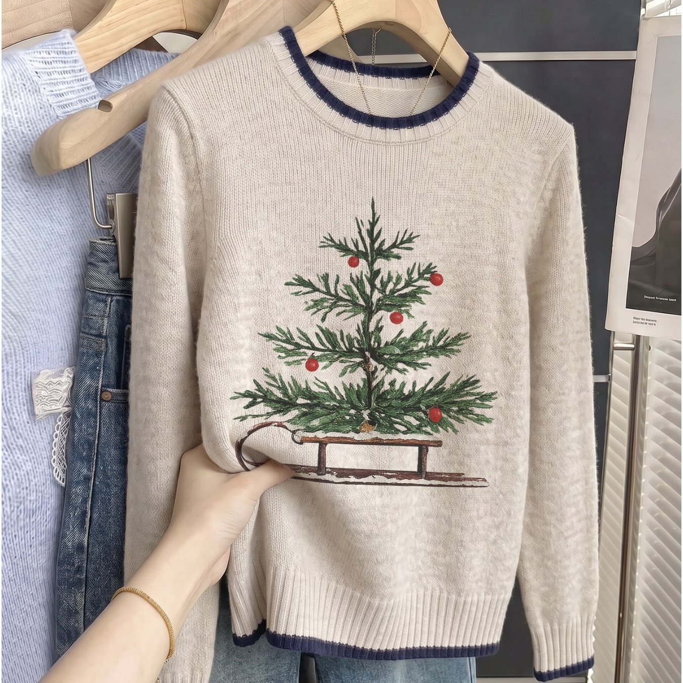 TEMU 2d Digital Women's Lightweight Round Neck Long Sleeve Sweater Base Layer Outerwear Autumn Item Christmas Pine Tree Wooden Sleigh Classic Retro