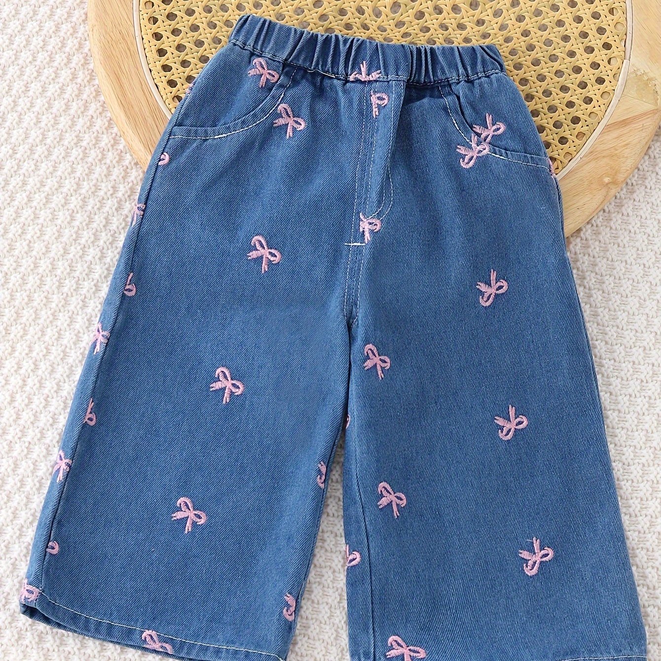 Image of 1pc: Embroidered Pink Bow Casual Fashion Jeans And Trousers, Cute Girls' Clothing, Suitable For Spring And Autumn, Suitable For Outdoor, Festivals, Vacations, , Schools, Leisure Sports Style
