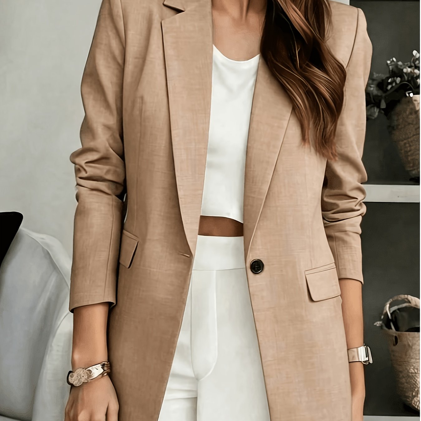 TEMU Women' Color V-neck Long Sleeve Single-breasted Blazer, Suitable For Business Casual, Office, Remote Work, Commuting And Daily Wear, Lightweight