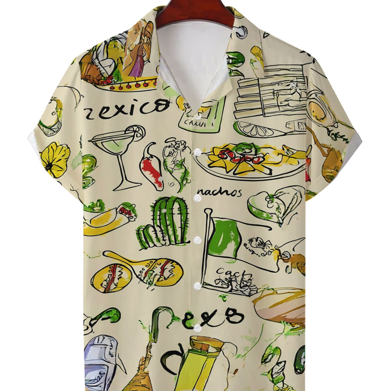 TEMU Men's Hawaiian Shirt With & Print - Short Sleeve Button-up Collar Shirt, Full-body Latin Patterns (tacos, Sombreros, ) - Spring/autumn Beach