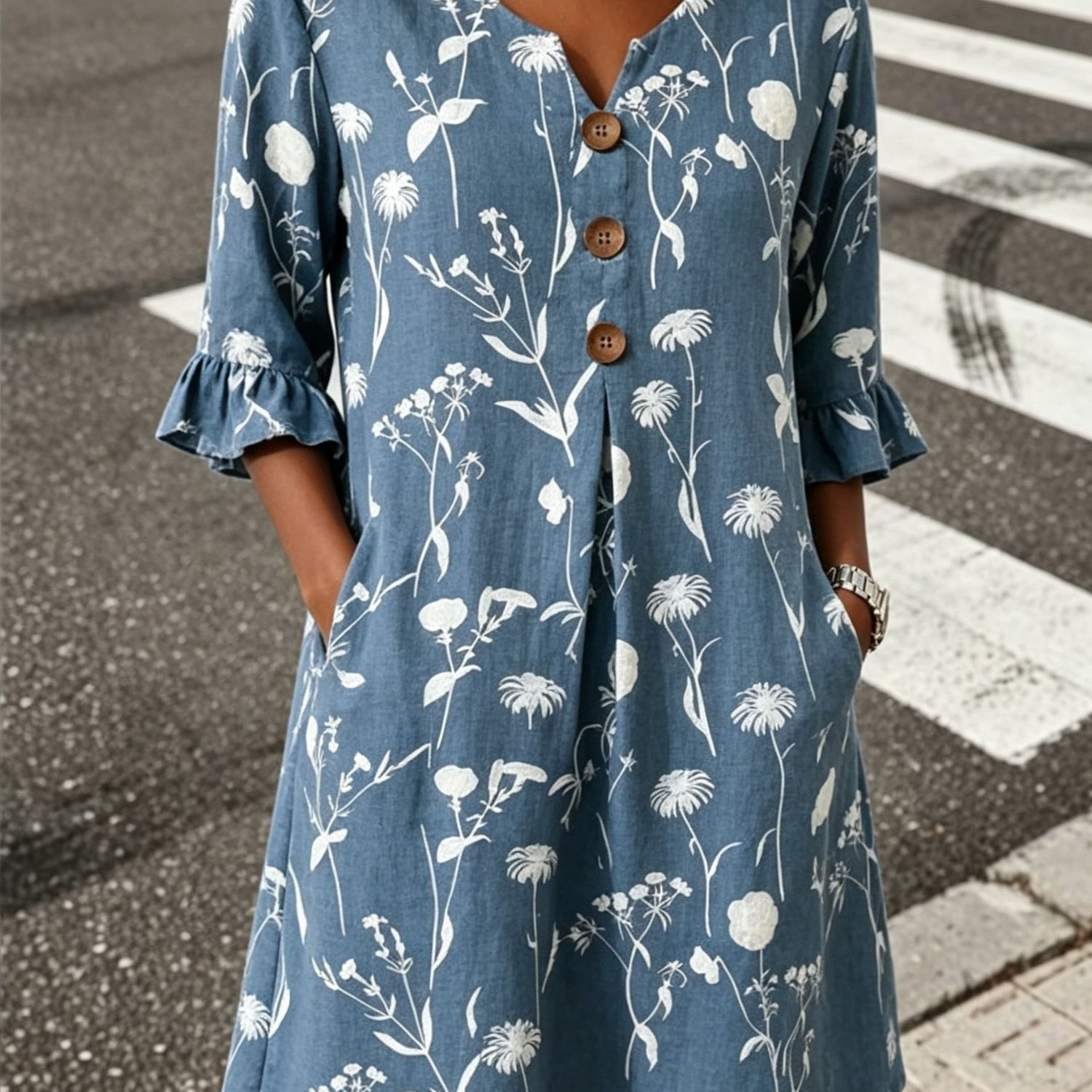 TEMU Plus Size Women's Gray Floral Print Blouse Three-quarter Sleeve Dress