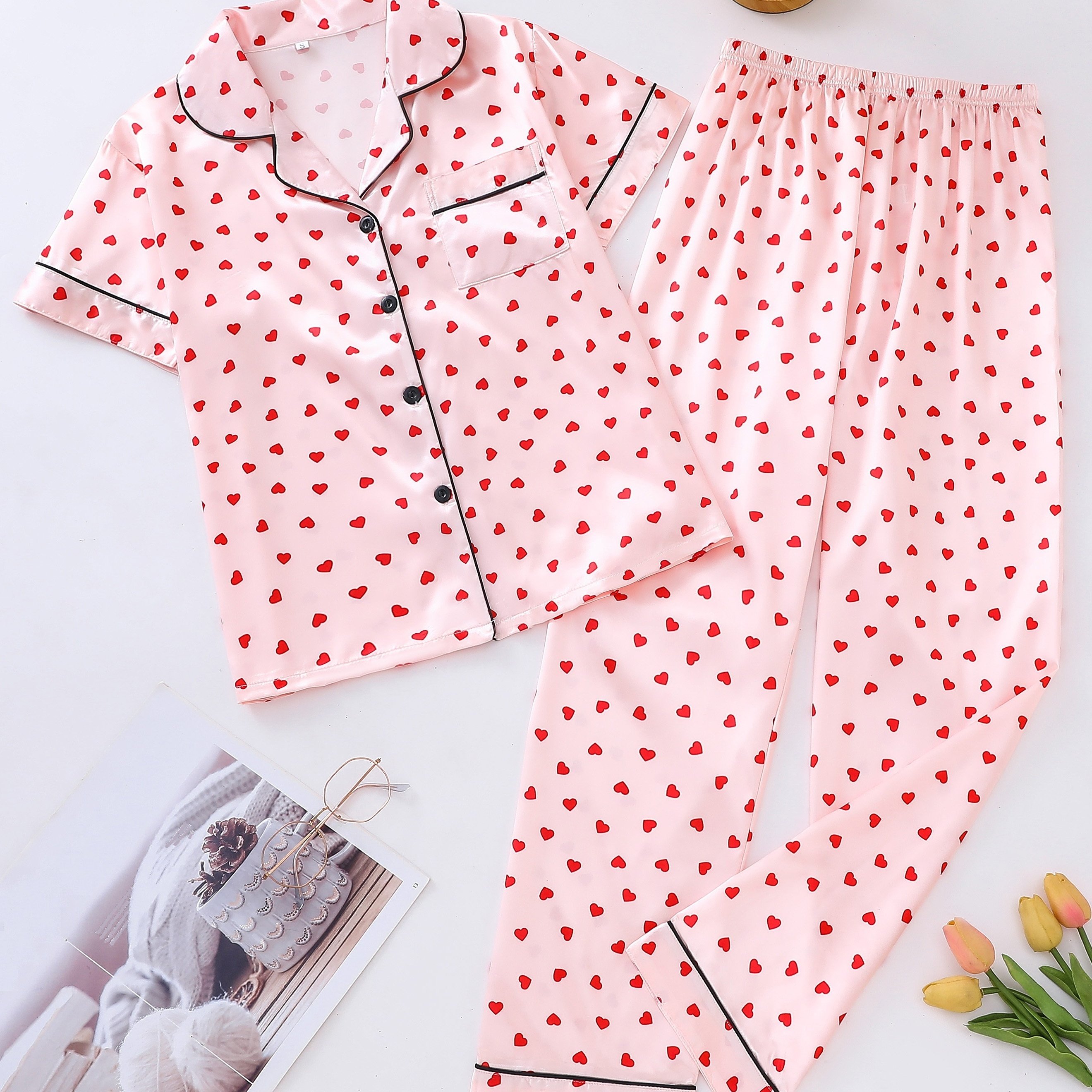 Heart Print Pajama Set, Short Sleeve Button Up Top & Lounge Pants, Women's  Sleepwear & Loungewear