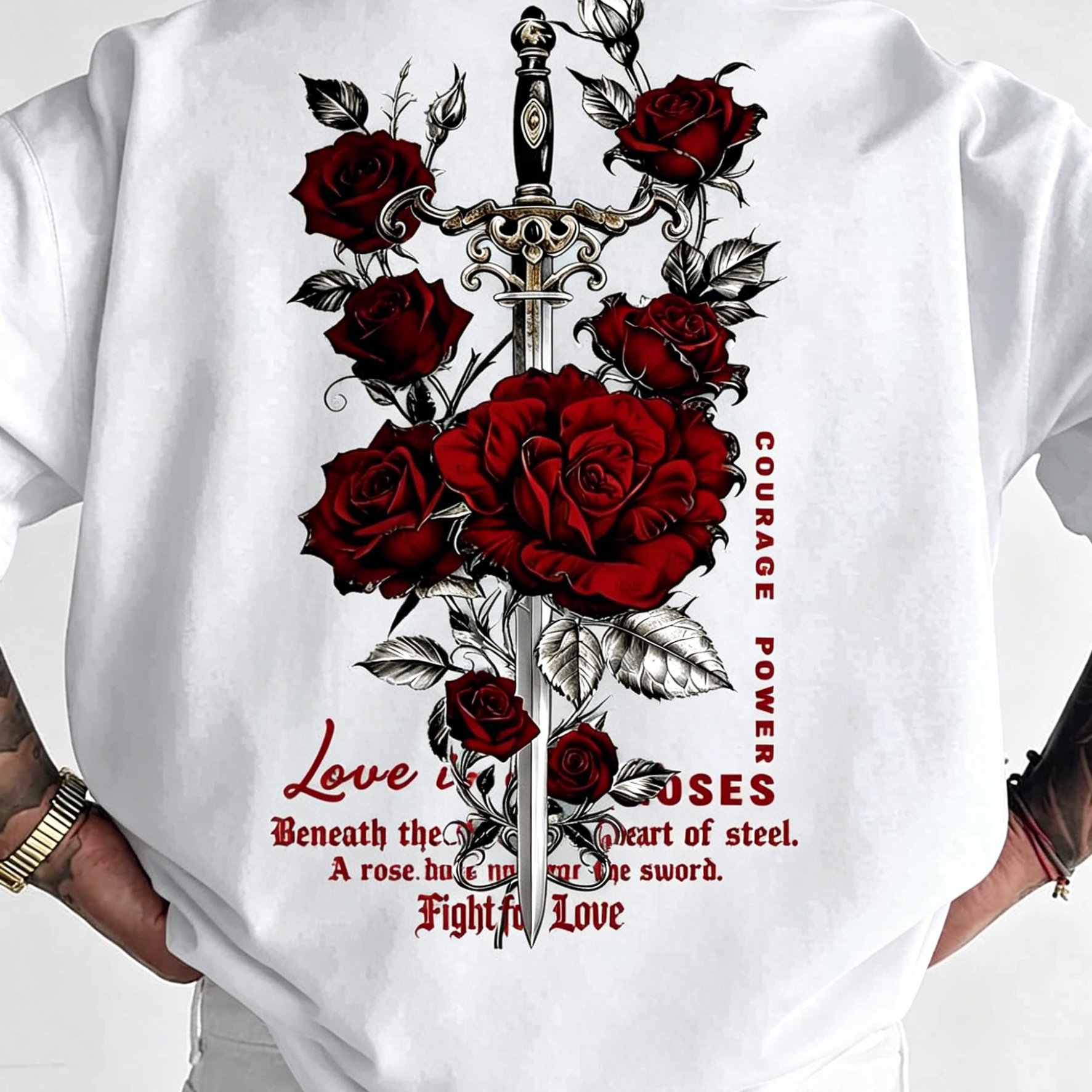 Men's Streetwear T-shirt With Red Rose & Holy Sword Graphic Print - Loose Fit Round Neck Casual Shirt Suitable For - Wear, Machine Washable For Everyday Outfits And Layering, Non- Apparel
