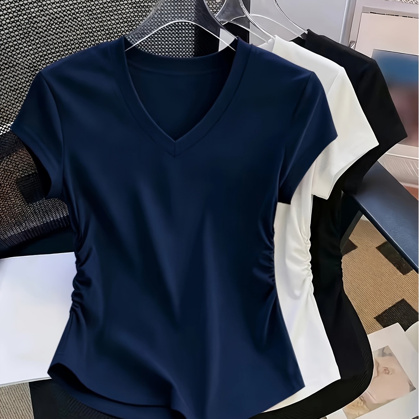 TEMU Women's 3pcs Casual V-neck Short Sleeve T-shirt Spring Summer Slim Short Sleeve Waist Ruched T-shirt
