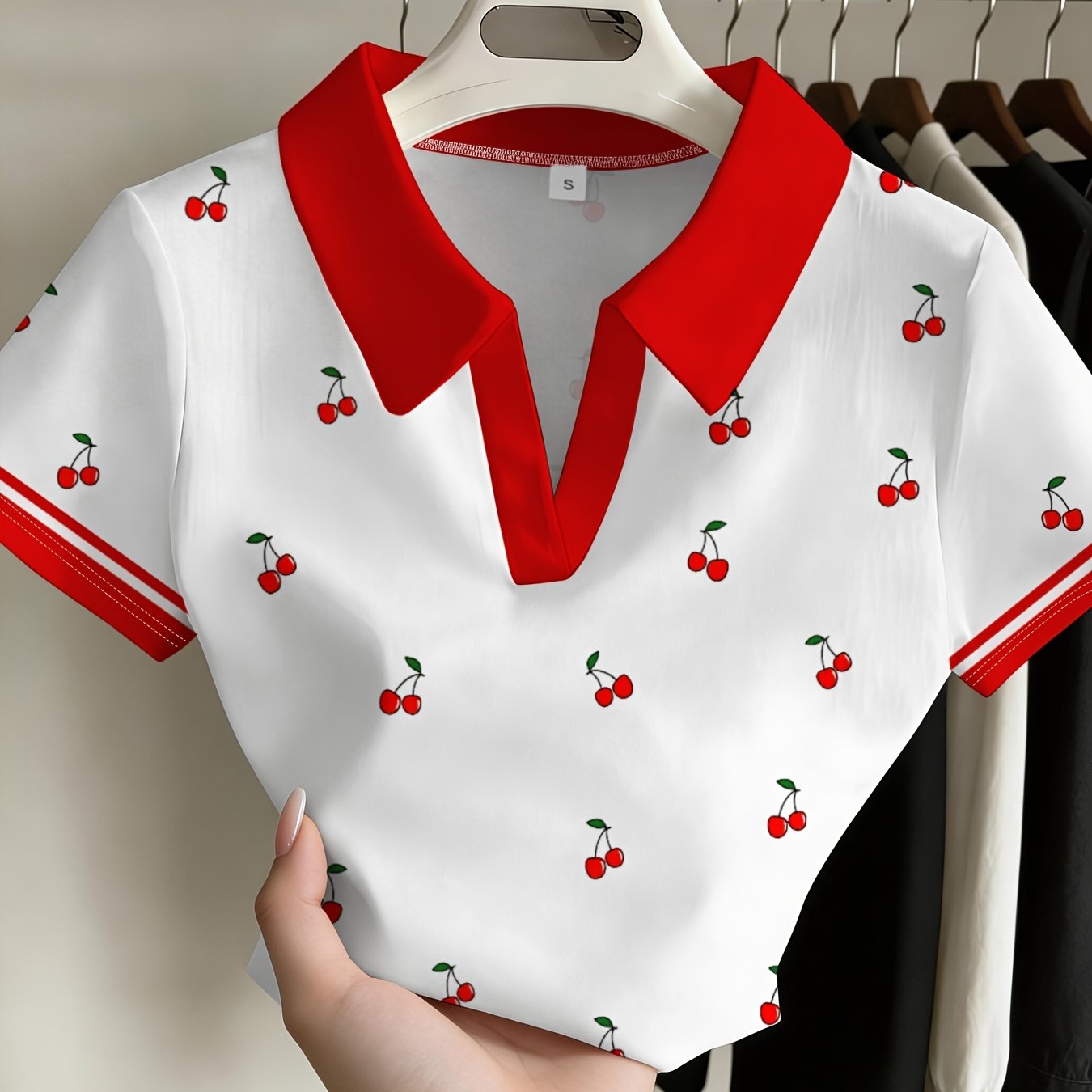 TEMU Women's Cherry Print Short-sleeved Shirt Fresh And Cute Summer Casual Versatile Top Fashion Trend Daily Wear Comfortable Breathable Design