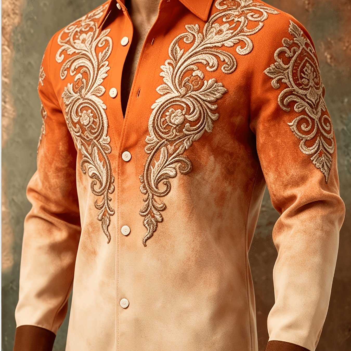TEMU [print Design – Not Textured] Men's Plus Size Long Sleeve Shirt With Vintage Floral Scroll Print, Comfortable For , Trendy Outfit, Gift For Men,