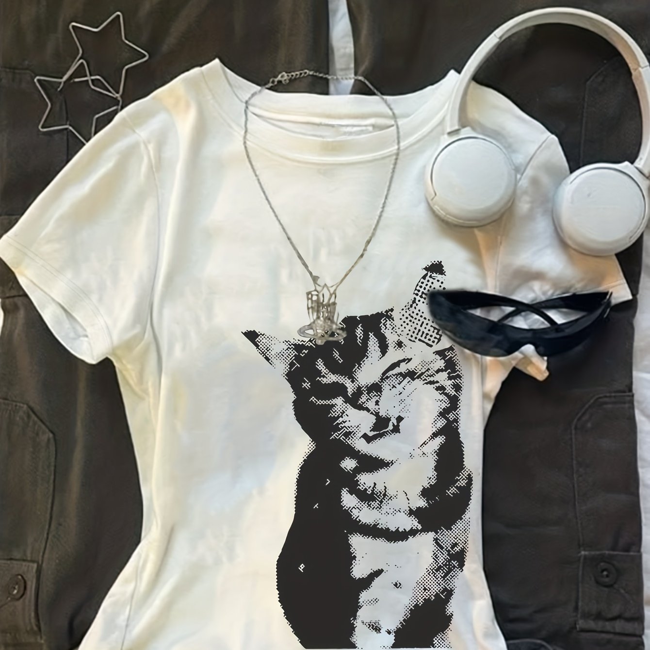 E-shop Kreatives, trendiges T-Shirt mit Musterdruck, kurzärmeliges Freizeit-Top mit Rundhalsausschnitt, Sommer und Frühling, Damenbekleidung