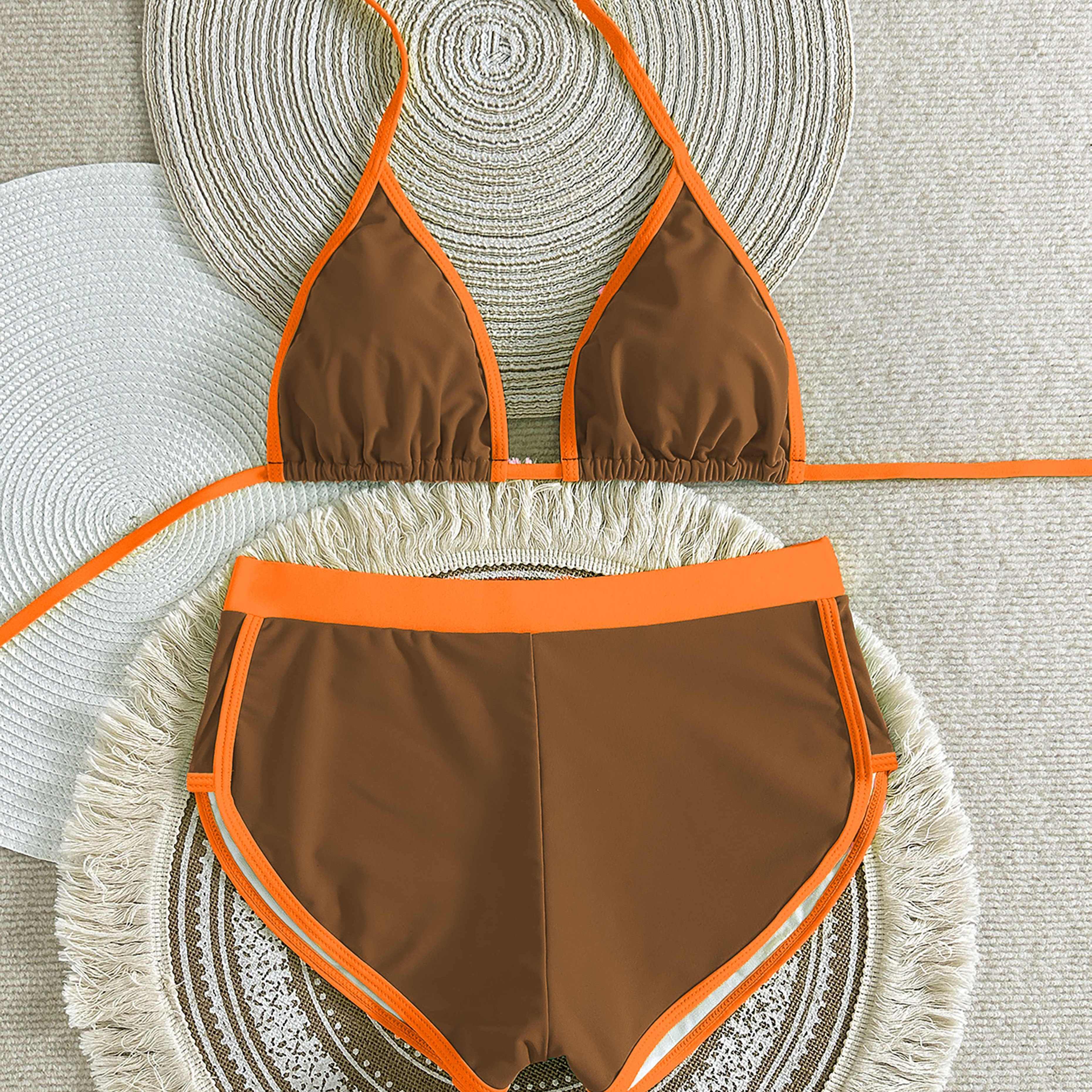 TEMU Retro Color Block Bikini Set, Halter Triangle Top Boyshort Bottom, Sexy Two-piece Bathing Suit