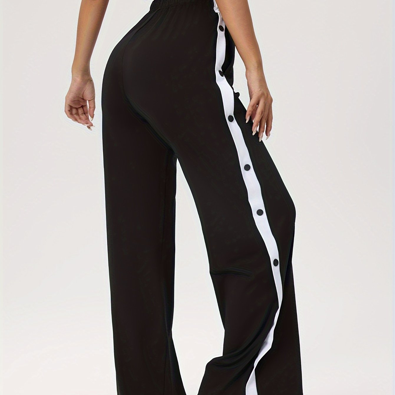 Image of Women's Plus Size High-waisted Wide-leg Yoga Gymnastics Pants With Adjustable Button & Elastic Waist - Plus-size Running Workout Trousers, Loose--season, Machine Washable Fitness Apparel