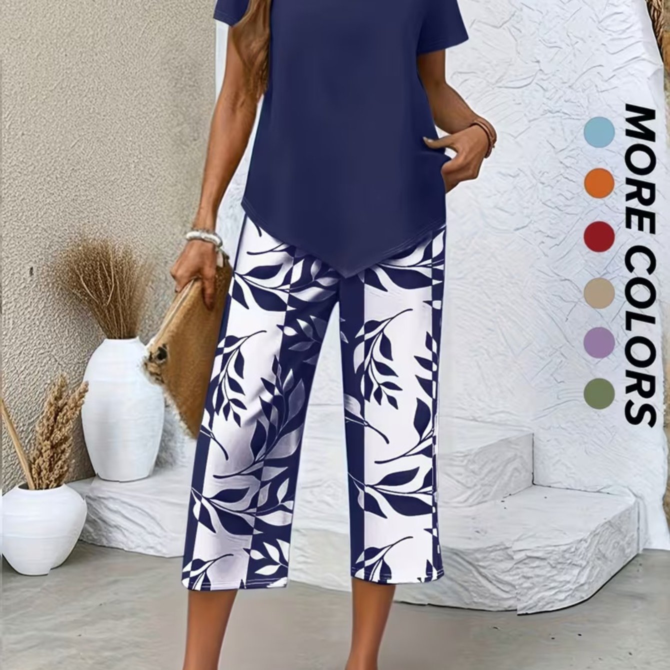 TEMU Spring And Summer Women's Casual 2pcs Set, Light Blue Short-sleeved Crew Neck Top, Blue And Printing -point Wide Legs, Loose And Comfortable,